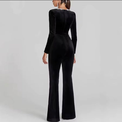 Combinaison femme élégante – Velours brillant, taille haute et jambes cloche